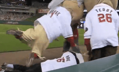 Nationals racing president George Washington Body Slams Abraham Lincoln at Teddy Roosevelt looks on
