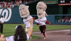 Washington Nationals racing presidents George Washington and Thomas Jefferson fight it out to the finish line at Nationals Park