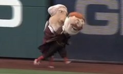 Washington Nationals Presidents Race Thomas Jefferson tackled Teddy Roosvelt