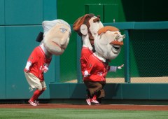 Nationals presidents race - George Washington shoves Abe Lincoln and Teddy Roosevelt Nationals presidents race - George Washington shoves Abe Lincoln and Teddy Roosevelt
