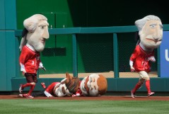 Nationals presidents race - George Washington shoves Abe Lincoln and Teddy Roosevelt Nationals presidents race - George Washington shoves Abe Lincoln and Teddy Roosevelt