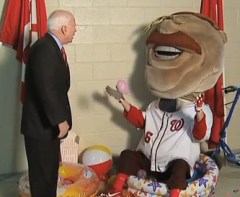 John McCain gives Teddy Roosevelt Pep Talk on the scoreboard John McCain gives Teddy Roosevelt Pep Talk on the scoreboard