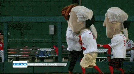 Human head pops out of Abe Lincoln's chest during Washington Nationals presidents race - racing presidents
