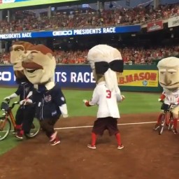 Video: Coolidge returns, Teddy teams with Lincoln and Taft as Nats racing presidents run Olympic triathlon relay